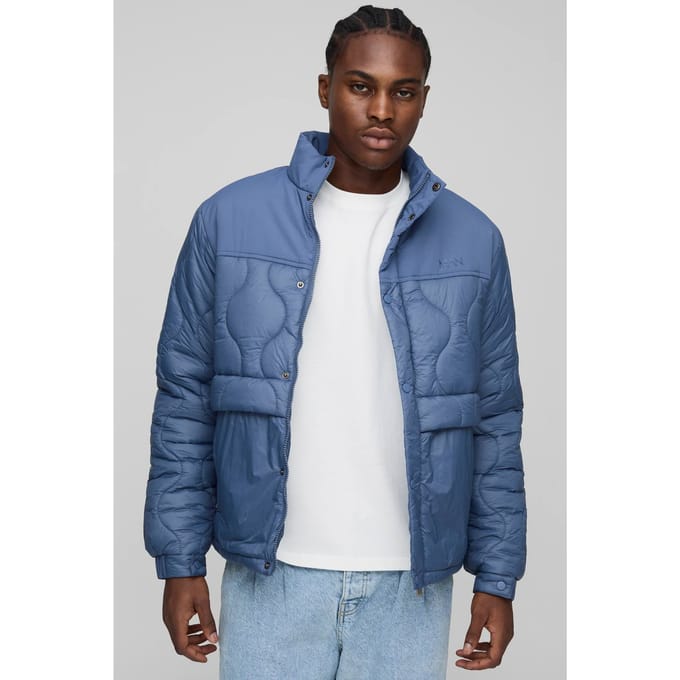 Regular Fit Onion-gequilte Panel Funnel Neck Jacket | Slate Blue | Size Medium
