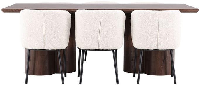Olivia eethoek tafel 100x210cm en 6 bouclé stoelen mocca.