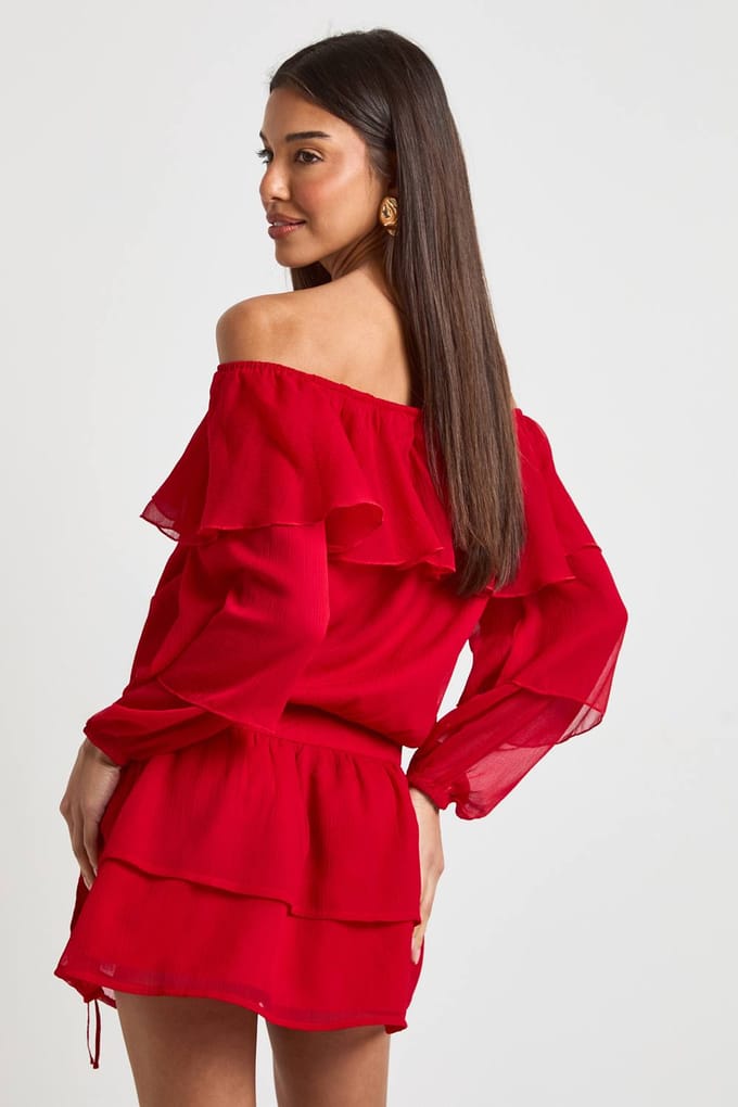 boohoo Dames Ruches Chiffon Rokje met Strikbandjes | Red | Maat: 6