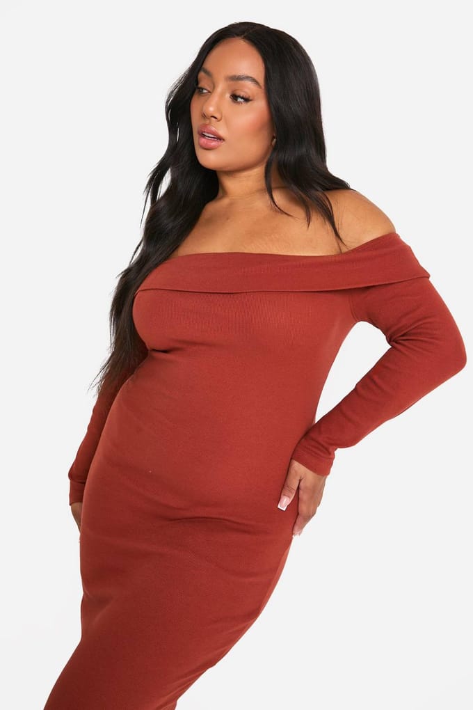 boohoo Dames Plus Basic Rib Bardot Maxi Jurk | Roest | Maat: 46
