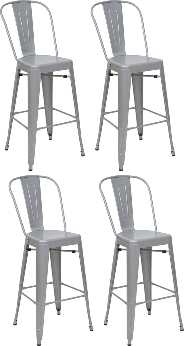 Set van 4 barkrukken MCW-A73, barkruk met rugleuning, metalen industrieel ontwerp ~ grijs