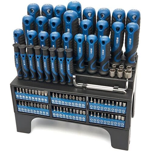 HBM 100-delige soft grip schroevendraaier-, dopsleutel- en bitset met sleuf, hex, Philips, Pozidriv, Torx en binnenvierkant