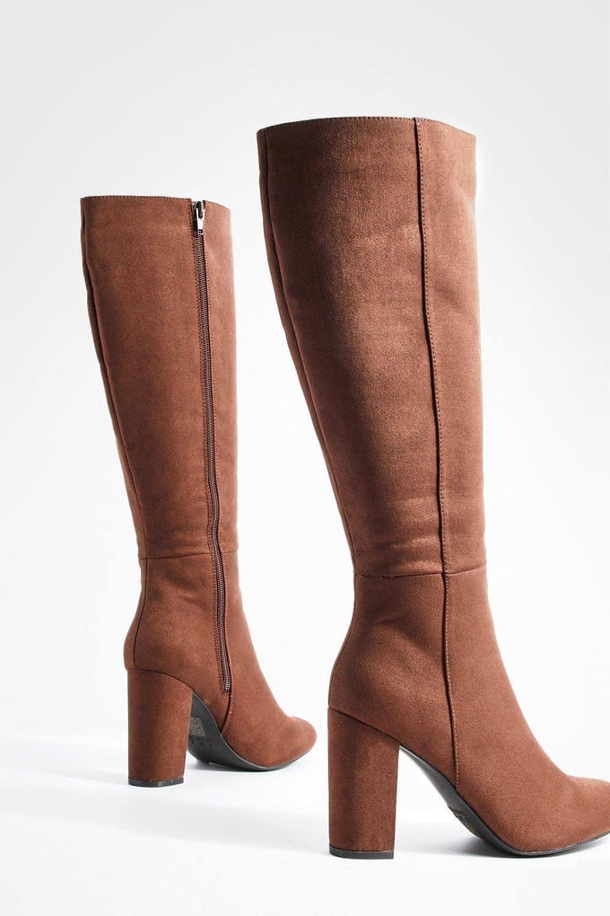 boohoo Dames Faux Suede Knee High Heeled Boots | Chocolate | Maat: 5