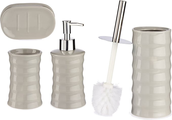 Badkamer accessoires set met strepen 4-delig kiezelgrijs van bamboe