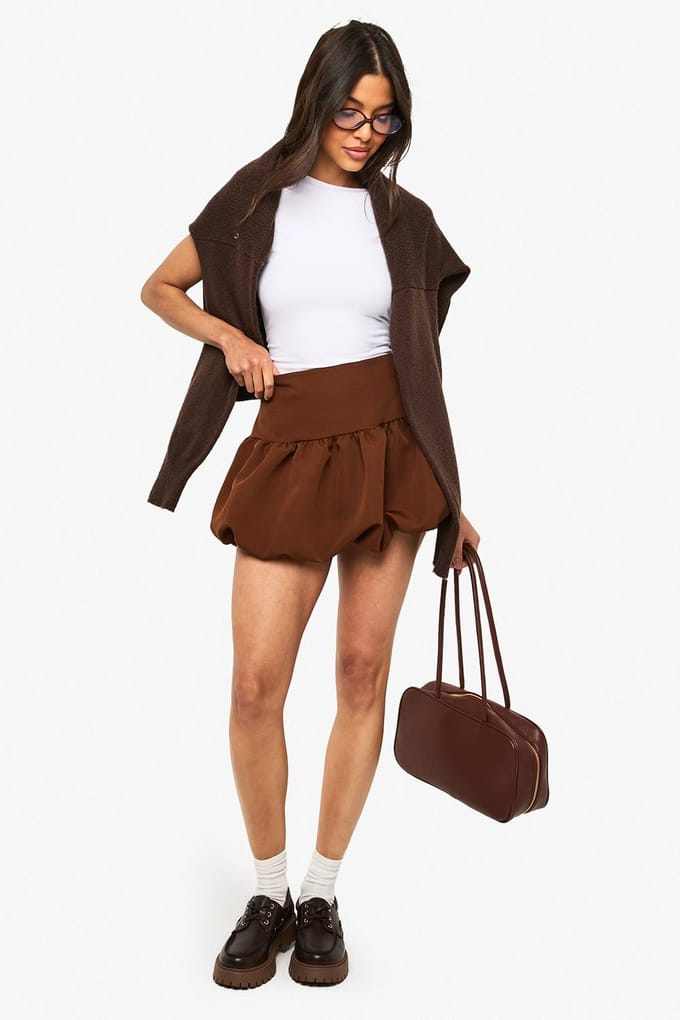 boohoo Dames Geweven Puffball Detail Mini-Rok | Chocolate | Maat: 8