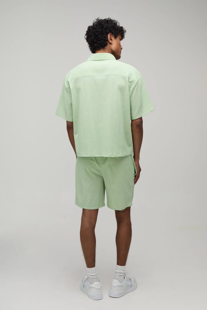 Gestreept Seersucker Oversized Boxy Shirt & Relaxed Short Set | Sage | Size Medium