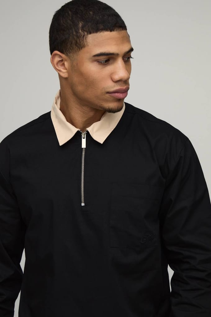 Oversized Boxy Quarter Zip Contrast Collar Poplin Shirt | Black | Size Large