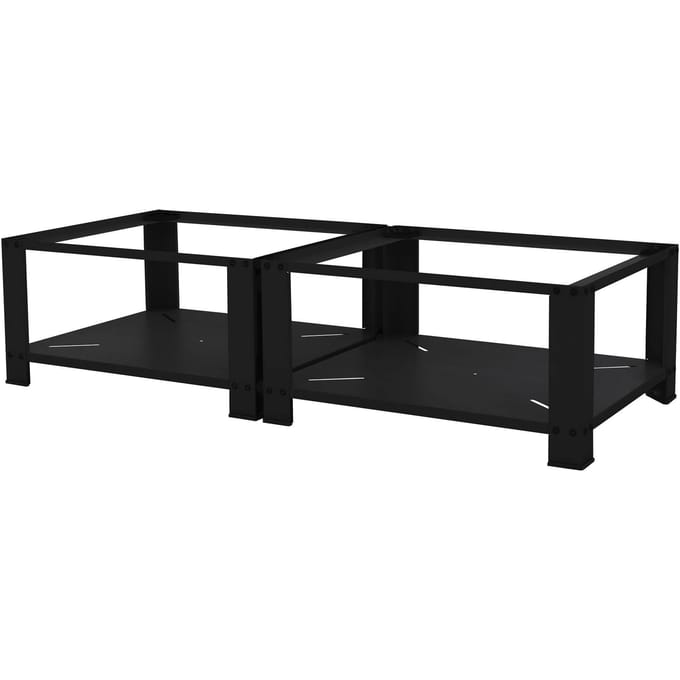 ML-Design dubbele wasmachine onderbouw wasmachinevoetstuk zwart staal 128x54cm max 2x150kg 2 legplanken verstelbare poten 32cm hoog verhoogd dubbel platform stevig duurzaam praktisch geschikt voor droger koelkast apparaten