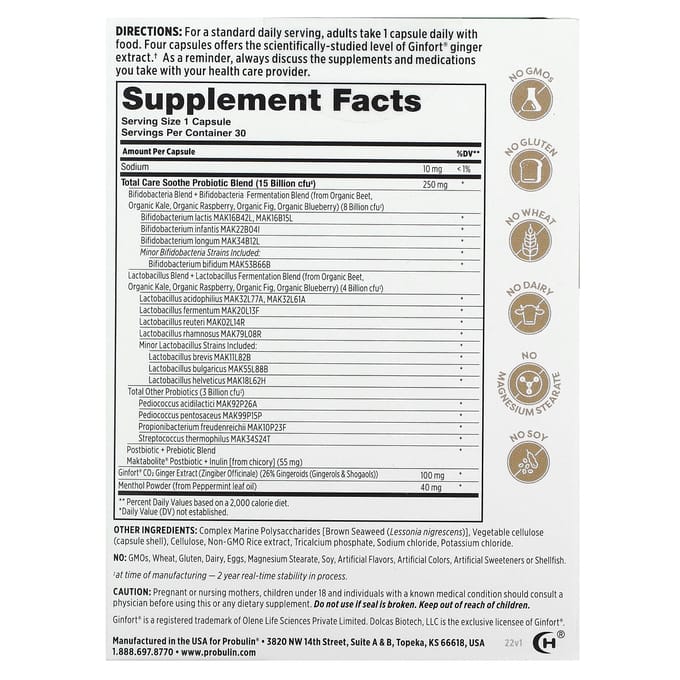 Probulin, Total Care Sood Probiotique + Prébiotique et Postbiotique, 15 milliards d'UFC, 30 gélules