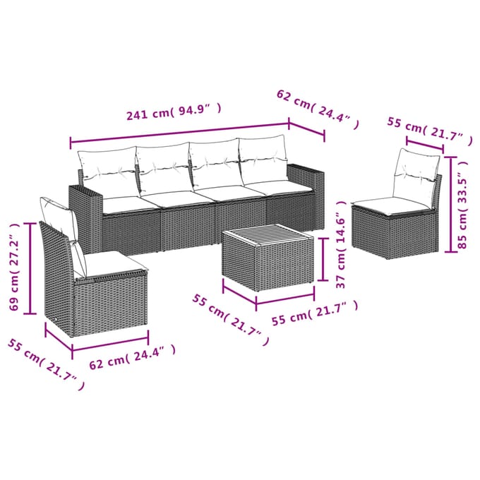 vidaXL - 7-delige - Loungeset - met - kussens - poly - rattan - zwart