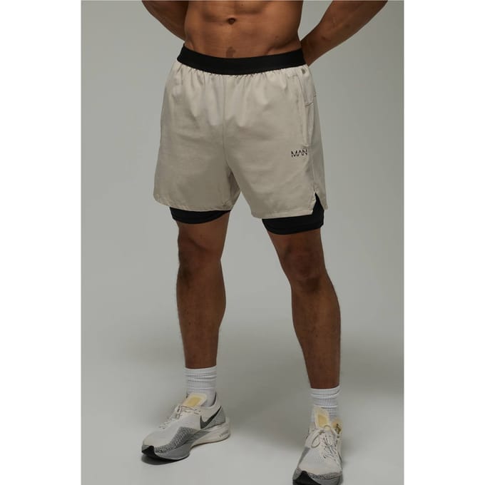 Heren Active Geperforeerde Stretch Geweven 2-in-1 Shorts | Taupe | Size XL