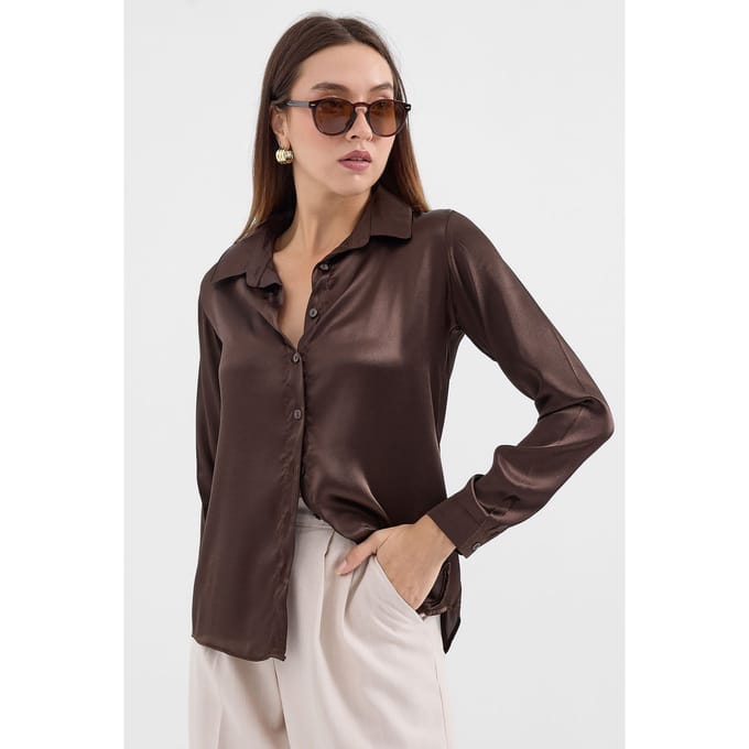 Satin Lange Mouw Knop-Up Shirt