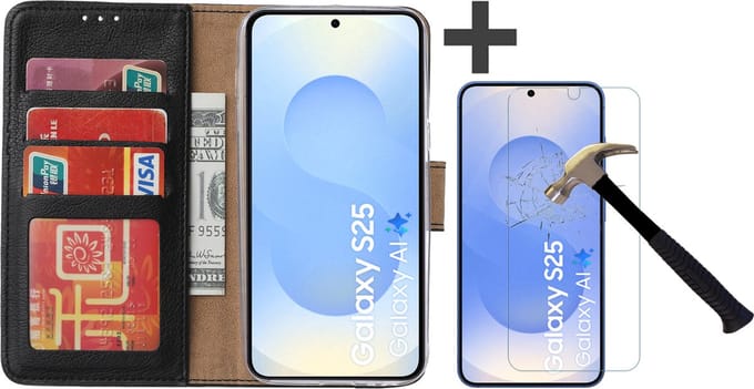 Hoesje met Screenprotector Geschikt voor Samsung Galaxy S25 – Arara bookcase met pasjeshouder - Zwart