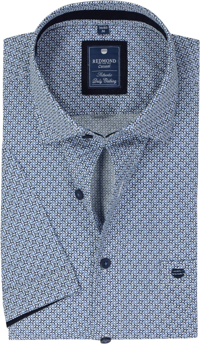 Redmond comfort fit overhemd - korte mouw - popeline - blauw met wit dessin