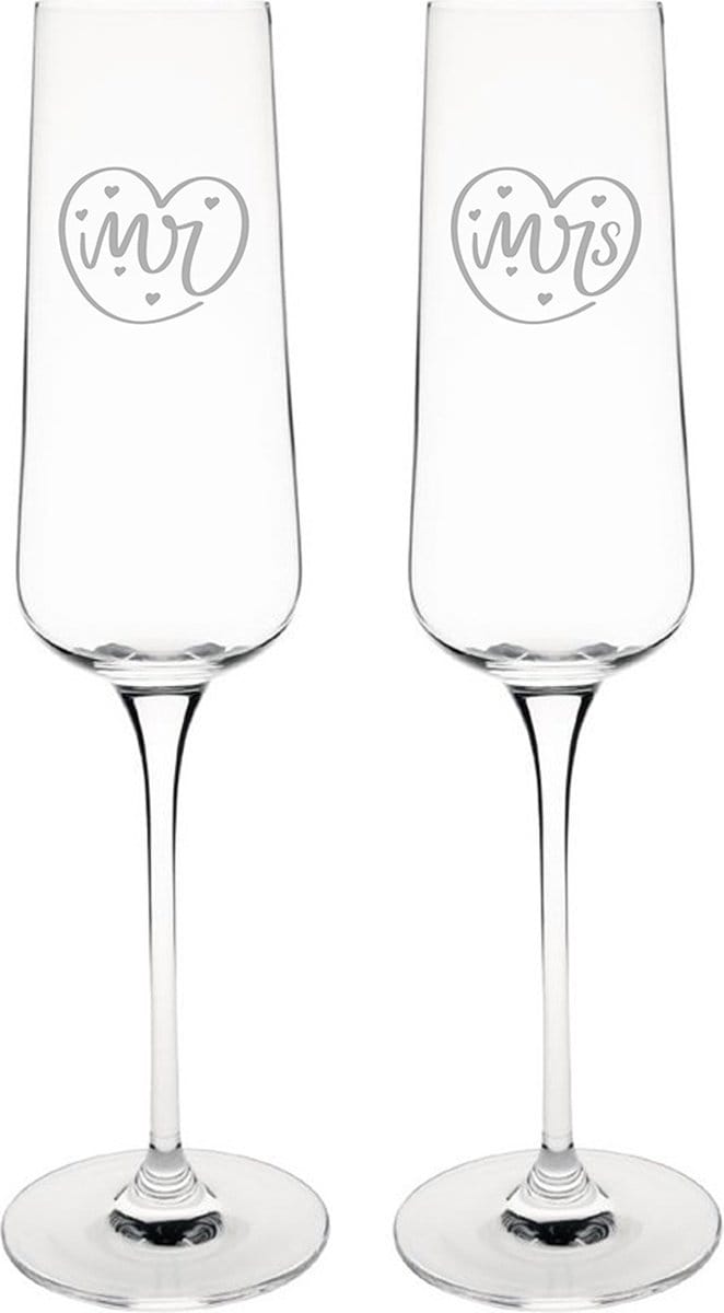 Gegraveerde set Champagneglazen 27cl Mr. In hartje - Mrs. In hartje