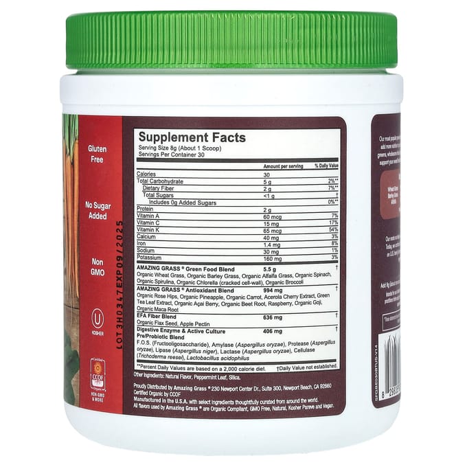 Amazing Grass, mélange de superaliments verts, saveur de baies, 8,5 oz (240g)