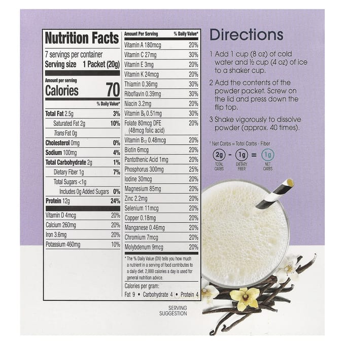 WonderSlim, Shake repas cétogène, Vanille, 7 sachets, 0,71 oz (20 g) chaque