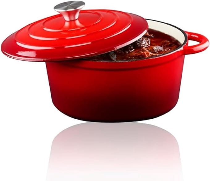 Braadpan Gietijzer - Stoofpan Deksel - Langzaam Garen - Gelijkmatige Warmte - 24 cm - Rood