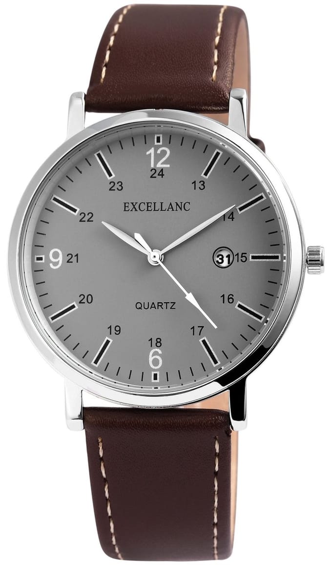 EXCELLANC herenhorloge imitatieleer zilverkleurig, datumweergave