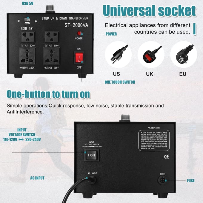 Step Up&Down Transformator Compact Formaat Spanningsomvormer 2000VA Draagbare Huishoudelijke Apparaten US-plug