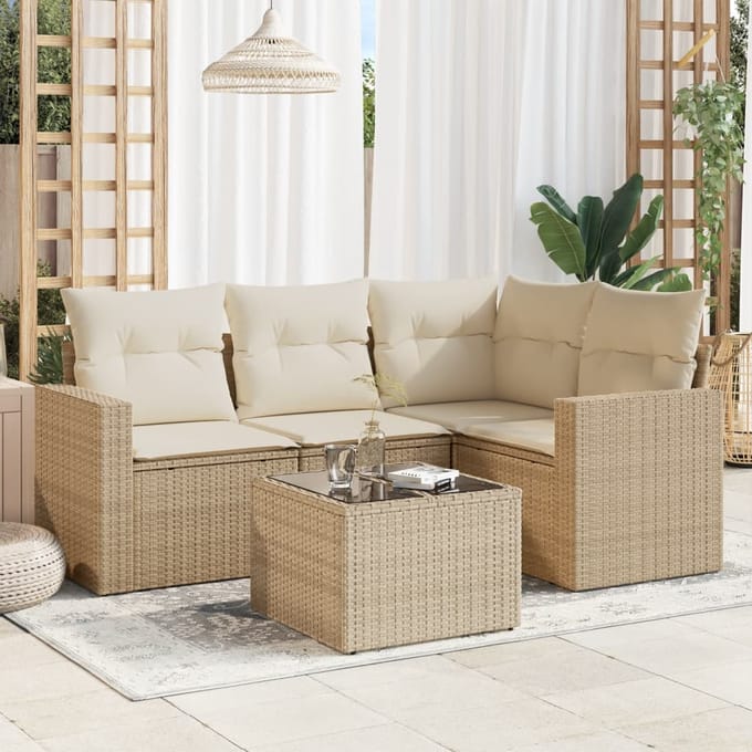 vidaXL - 5-delige - Loungeset - met - kussens - poly - rattan - beige