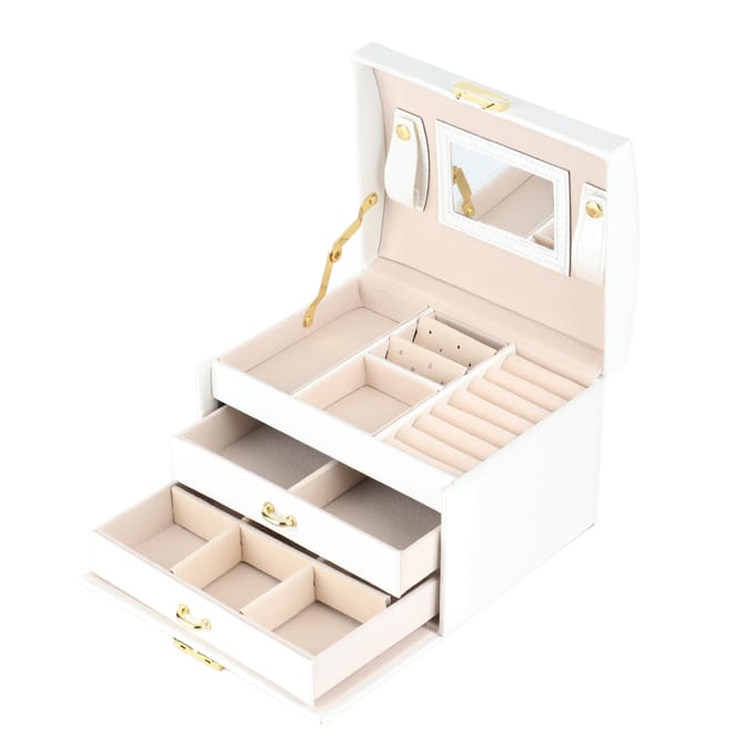 3 Lagen PU Leer Sieraden Opbergkoffer Displaydoos Houder Organizer met Spiegel (Wit) wit