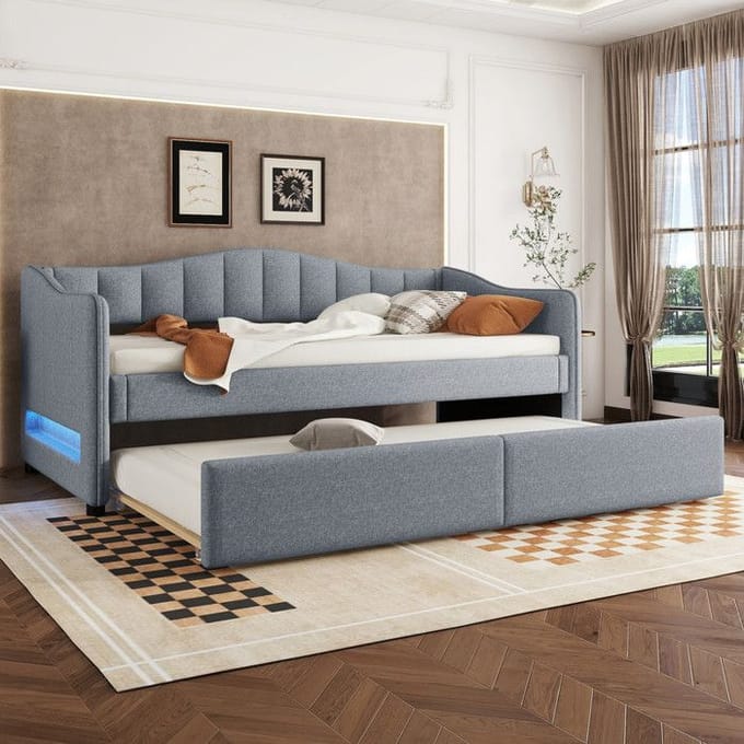 Lit de jour - Design - 90x200 cm - Lin - Éclairage LED - Minimaliste gris gris