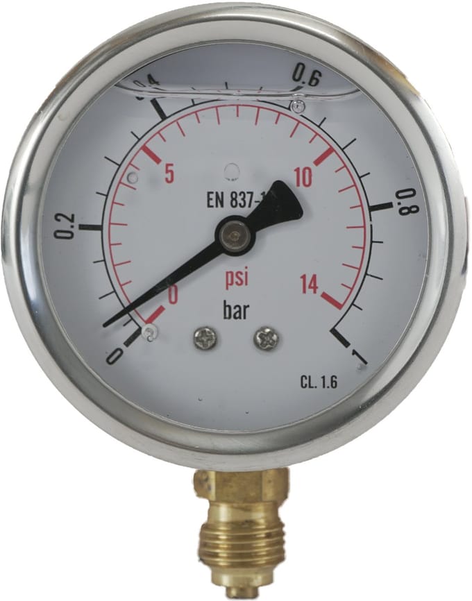 0..1 Bar Glycerine Manometer Onderaansluiting RVS/Messing 63 mm Klasse 1.6 - ML0163SVG