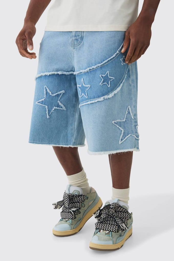 Reguliere Rigid Star Applique Denim Jorts in Ice Blue | Size 34