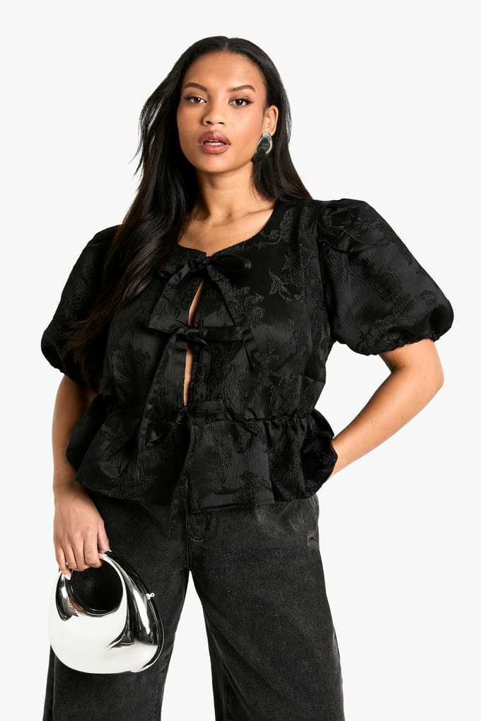 boohoo Dames Plus Jacquard Tie Front Smock Top | Zwart | Maat: 56