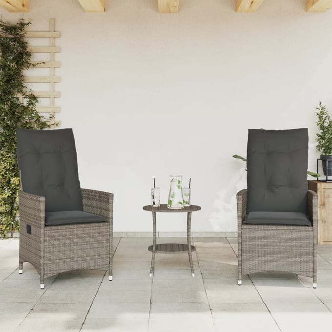 vidaXL - 3-delige - Bistroset - met - kussens - poly - rattan - grijs