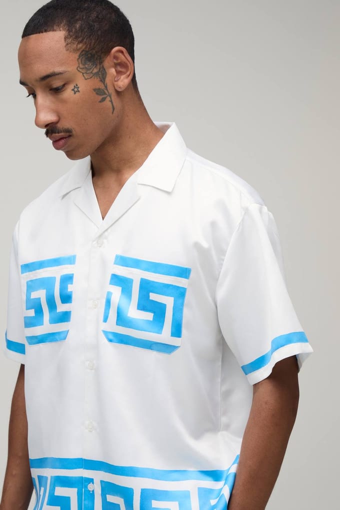 Oversized Short Sleeve Abstract Boarder Print Satin Shirt & Short Set | Blue | Size Medium