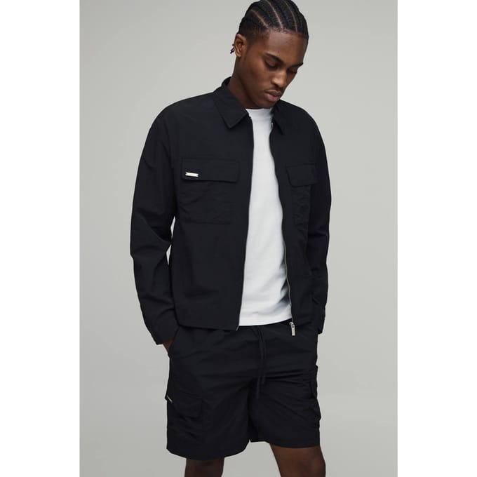 Regulier Gecoat Nylon Cargo Overshirt & Ontspannen Short Set | Black | Size Large
