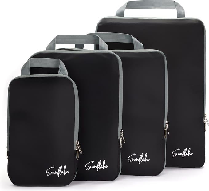 Packing Cubes met Compressierits - Set van 4 Compressie Cubes voor Backpack en Koffer - Compression - Zwart - Sunflake