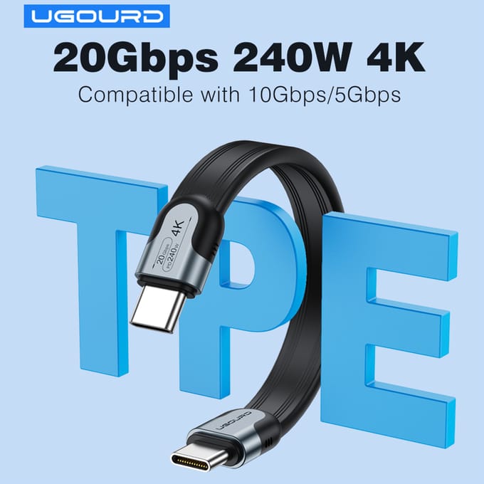 UGOURD 20gbps USB C-kabel 20Gbps USB3.2 Gen2*2 Type C Platte multifunctionele kabel 240W Laptop Tablet Telefoon Netsnoer 0,15m-3m