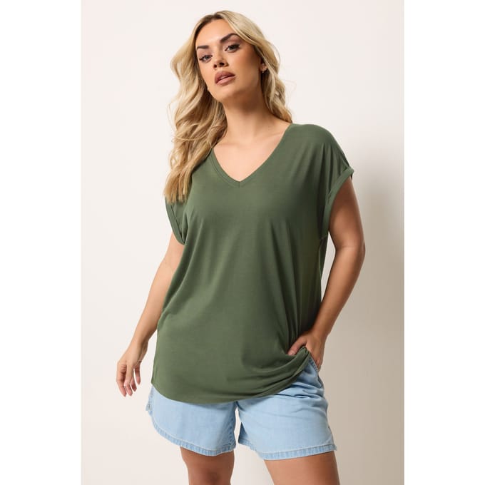 Yours Kaki Groene Basic Tshirt Met Vhals Size 40