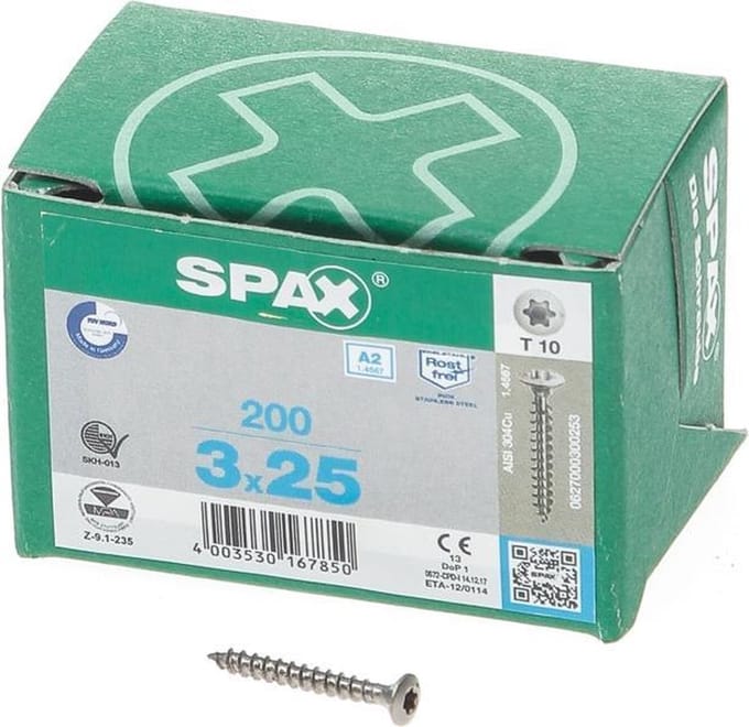 Spax Spaanplaatschroef lenskop RVS T-Star T10 3.0x25mm (per 200 stuks)