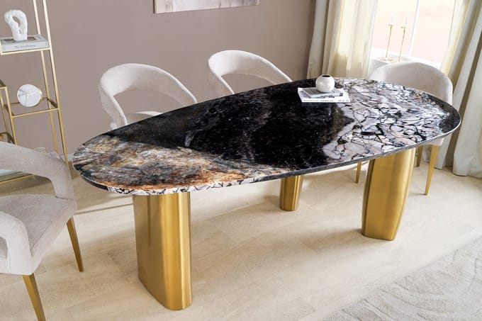 Design eettafel BIO 200cm grijs wit bruin natuursteen marmer metaal geborsteld goud - 46205