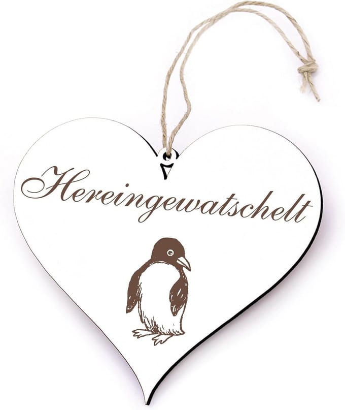 Hartvormig deurbord met pinguïn en tekst « Hereingewatschelt » - personaliseerbaar decoratiebord 13x12 cm