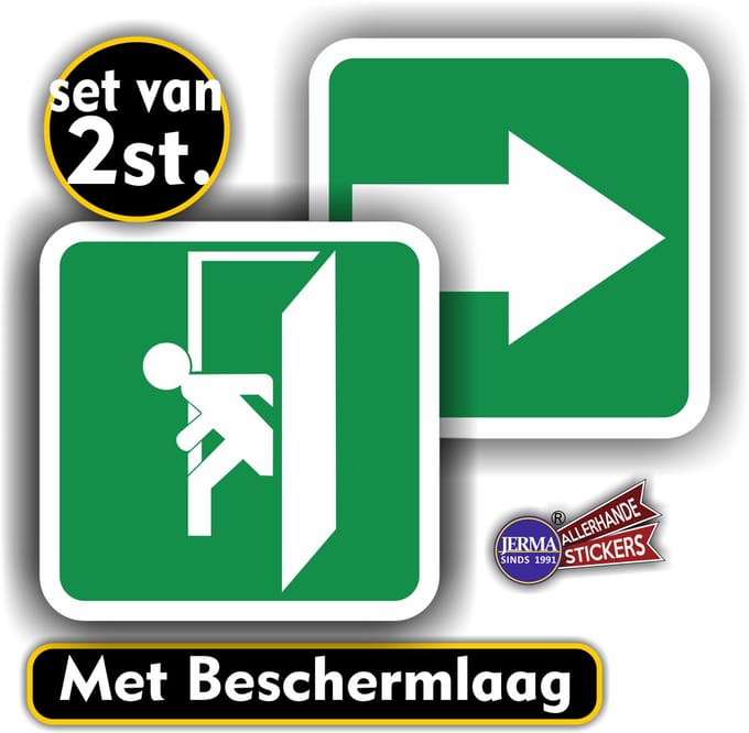 Jerma - Nooddeur - Richting verwijzing - Sticker - Set - 2 st - 10x10 cm - Zelfklevend - Weerbestendig