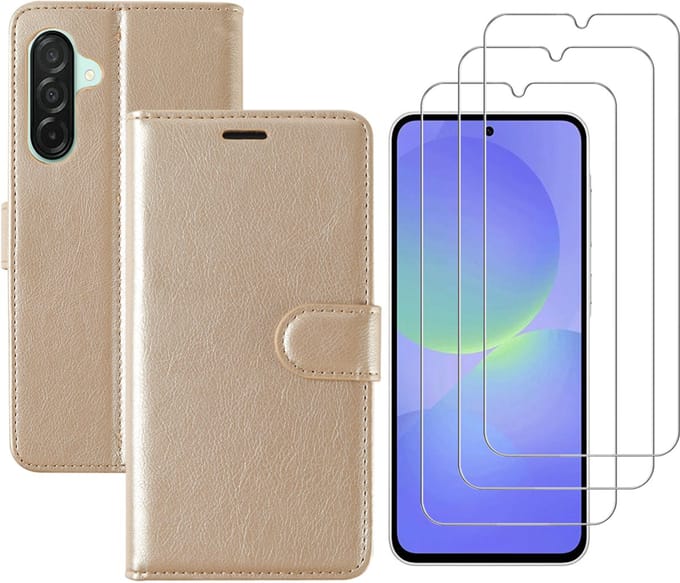 Hoesje geschikt voor Samsung Galaxy A36 bookcase Goud - Met screenprotector tempered glass Galaxy A36 - 3x