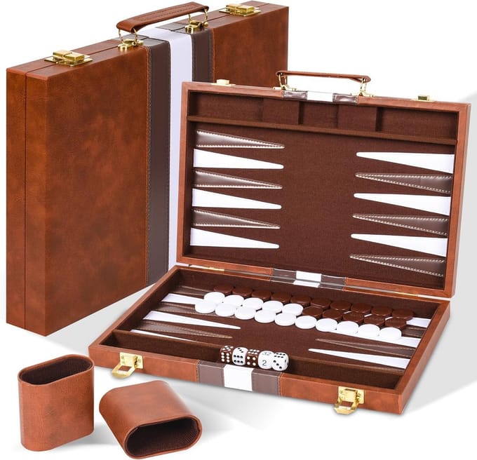 Backgammon Koffer – Luxe Backgammon Set – Lederen Bordspel – Reisspel Set - Draagbaar – Bordgame