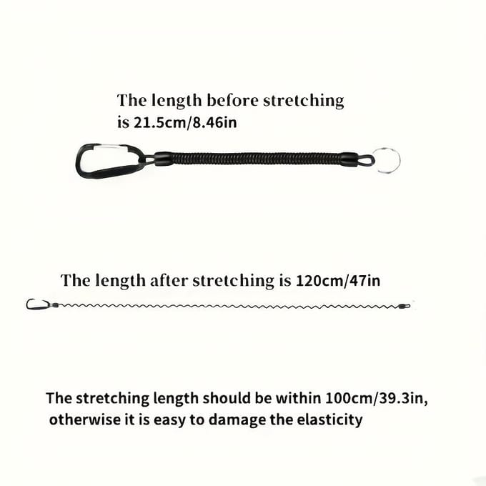 Zwarte sleutelhanger met spiraalveer en uitschuifbare polsband, verstelbaar van 21,49 cm tot 119,38 cm, ingebouwde stalen draad, draagvermogen tot 6,8 kg. black
