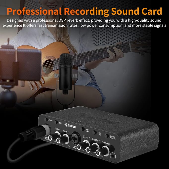 USB Audio Interface voor Opname Professionele Geluidskaart met Dubbele XLR 48V Fantoomvoeding 32-bit zwart