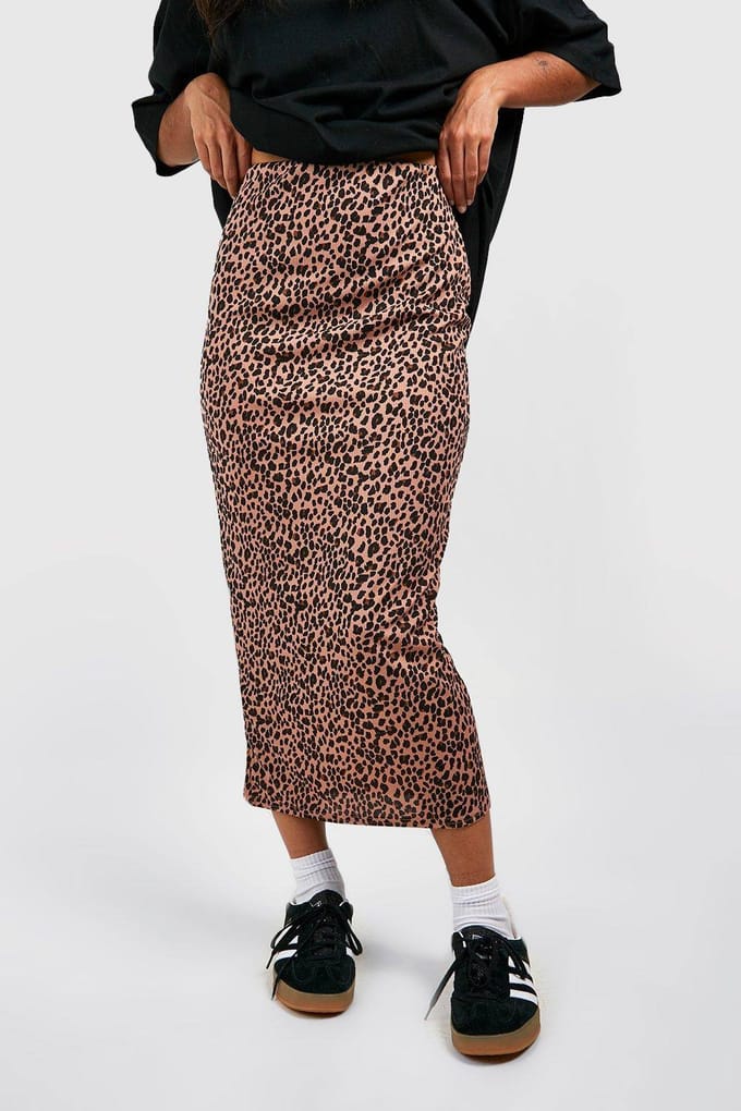 boohoo Dames Leopard Geribde Midaxi Rok | Steen | Maat: 40