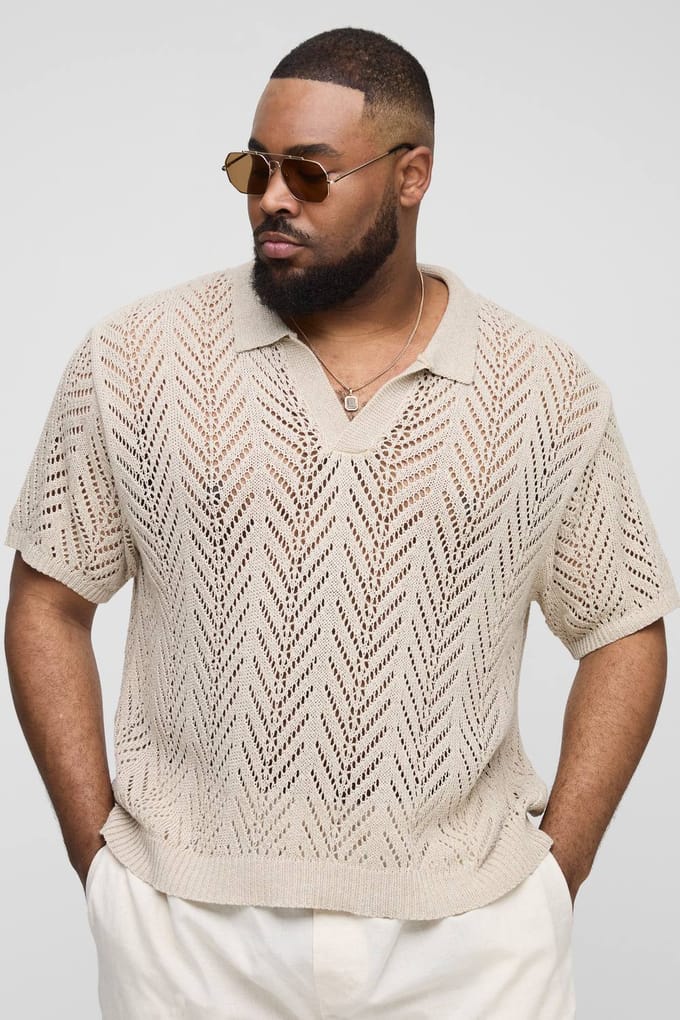 Plus Boxy Oversized Knit Polo T-Shirt | Taupe | Size 3XL