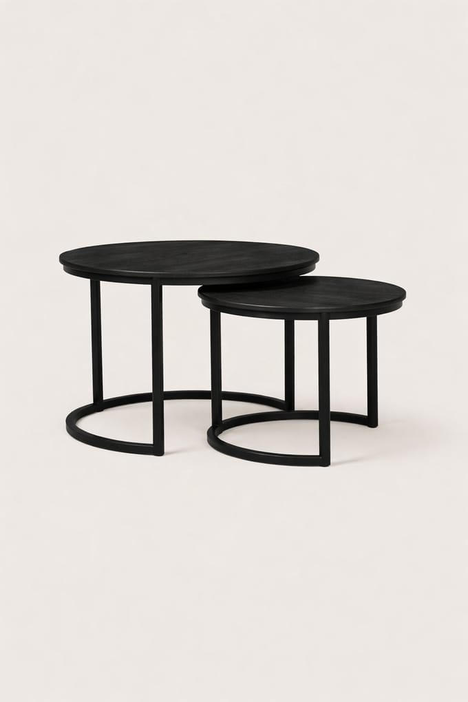 Salontafel Set van 2 Mangohout – Rond – Zwart – Industrieel
