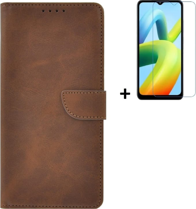 MoDo hoesje Geschikt voor Xiaomi Redmi A1/ Redmi A2 - Kunstleer Book Case - Bruin hoesje met screenprotector