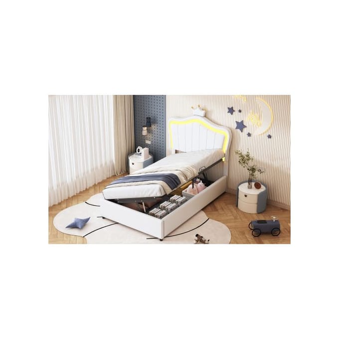 Kinderbed - MUVOE - 90x200 cm - Wit Kunstleer - LED-verlichting - Hydraulische opbergruimte wit