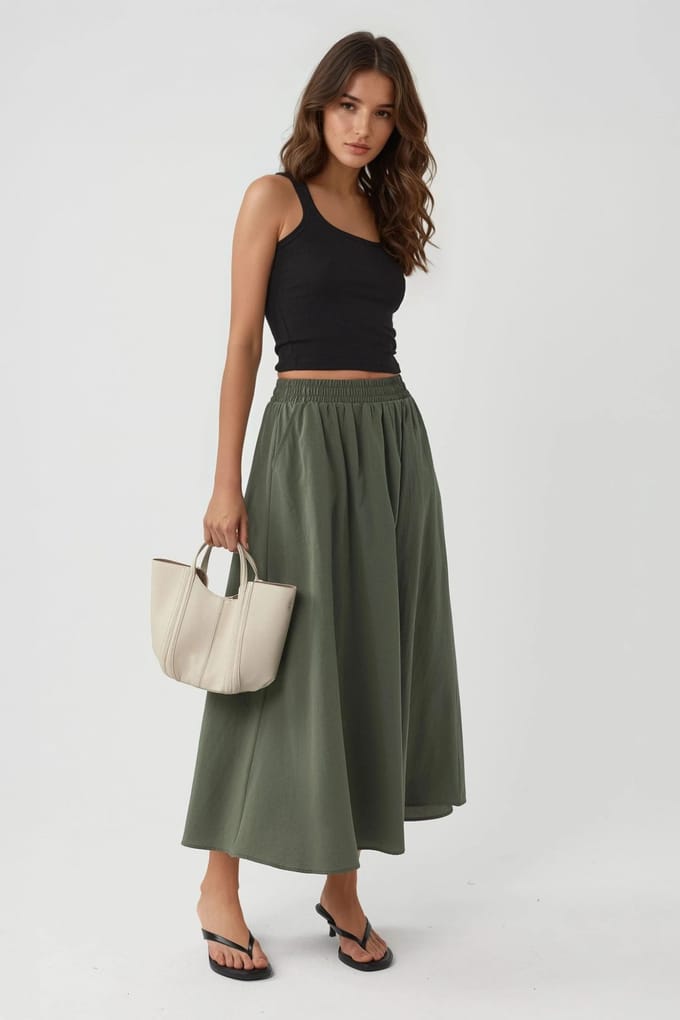 Elastische Taille Midi Rok met Zakken